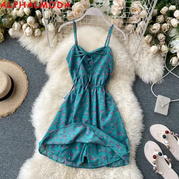 

ALPHALMODA New Floral Playsuit Summer 2020 New Style Lace-up Holiday Style Suspender Jumpsuit Fashion Chiffon Resort Playsuit