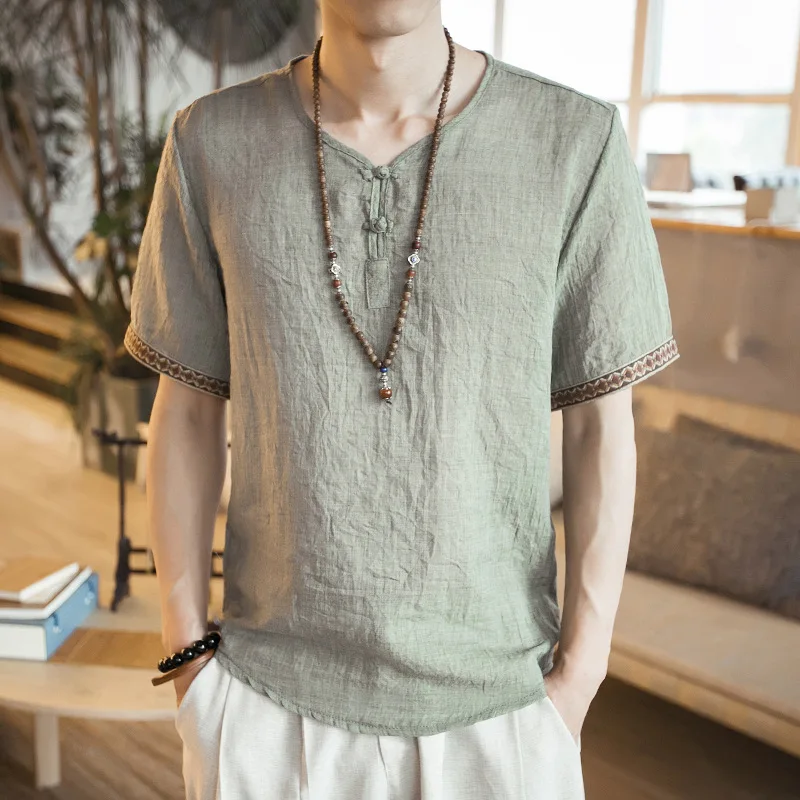Summer Men Cotton Linen Blouse Short Sleeve T Shirt Chinese Traditional Clothes Male Retro Hanfu Tang Suit Streetwear Tees Tops