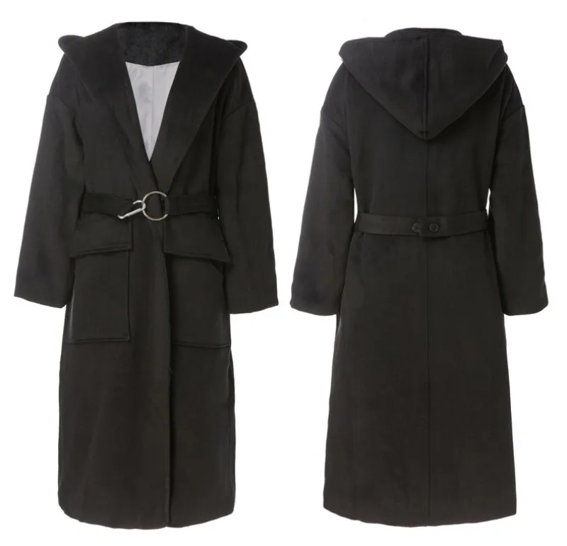 Winter New Woman Long Solid Hooded Belt Overcoat OL Style Elegant Runway Trench Coat Female Black Office Outerwear S-L