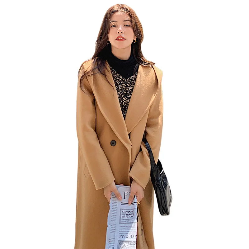 Женское шерстяное пальто средней длины с капюшоном двубортное толстое из 100%-ной