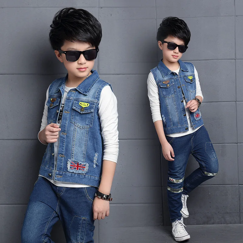 Детский джинсовый жилет для мальчиков; коллекция года; осенняя одежда в западном стиле; стильный жилет; модное пальто для мальчиков; сезон весна-осень