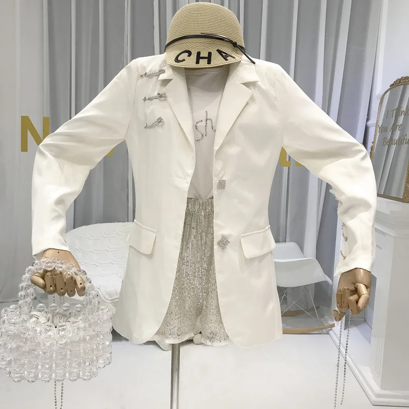 2019 Летний Новый модный костюм со стразами с воротником, однотонный повседневный костюм с длинными рукавами, куртка