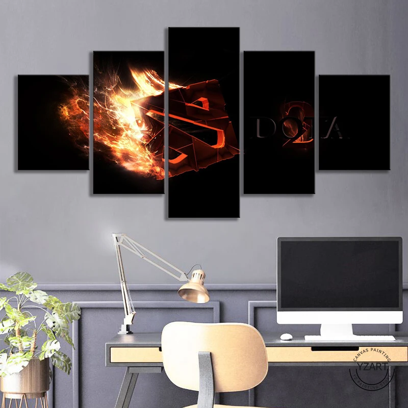  5 Piece Dota 2 Logo Fire Effect Picture Canvas Paintings Wall Art Dota Games Art Wall Paintings Liv