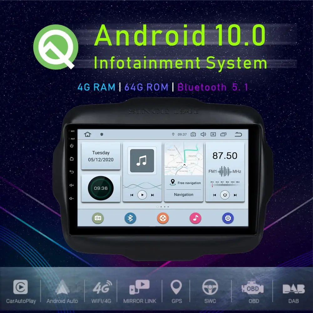 JSTMAX 9 &quotAndroid 10 0 автомобильный медиаплеер для Jeep Renegade 2016 2017 2018 Bluetooth 4G + 64G GPS Navi HDMI DSP