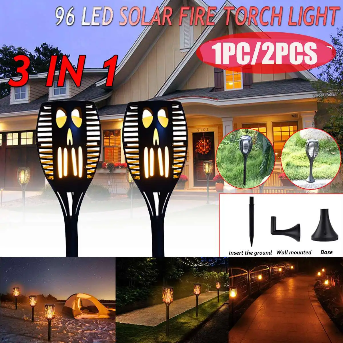 

96LED Soft Light Control Solar Flame Light Outdoor Waterproof Garden Torch Lamp for Courtyard Garden Balcony Halloween Decor