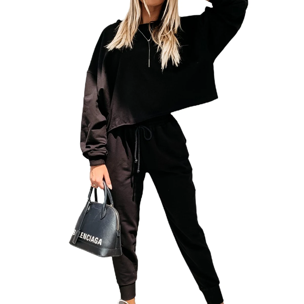 

Ladies Autumn Leisure Sports Long-sleeved Suit Drawstring Trousers Loose Exercise Fitness Clothes