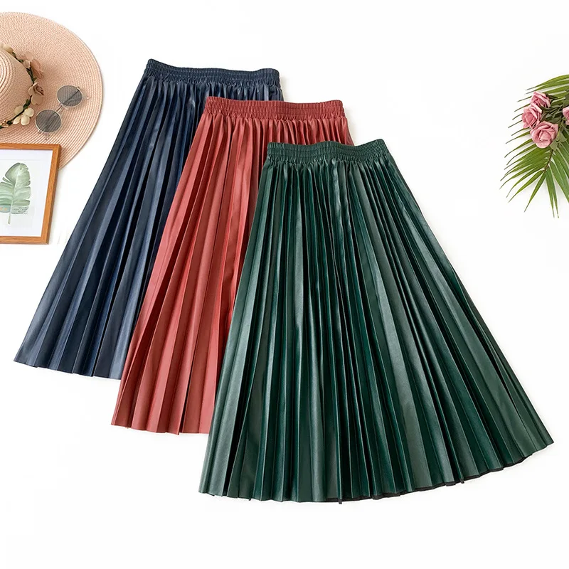 Винтажная осенне-зимняя эластичная юбка миди с высокой талией, плиссированная юбка из искусственной кожи для женщин, эластичный пояс, женские юбки зеленого цвета