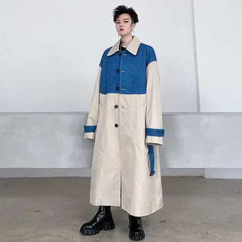 

Male Women Streetwear Hip Hop Vintage Fashion Jacket Windbreaker Outerwear Men Deinm Splice Belt Loose Casual Long Trench Coat