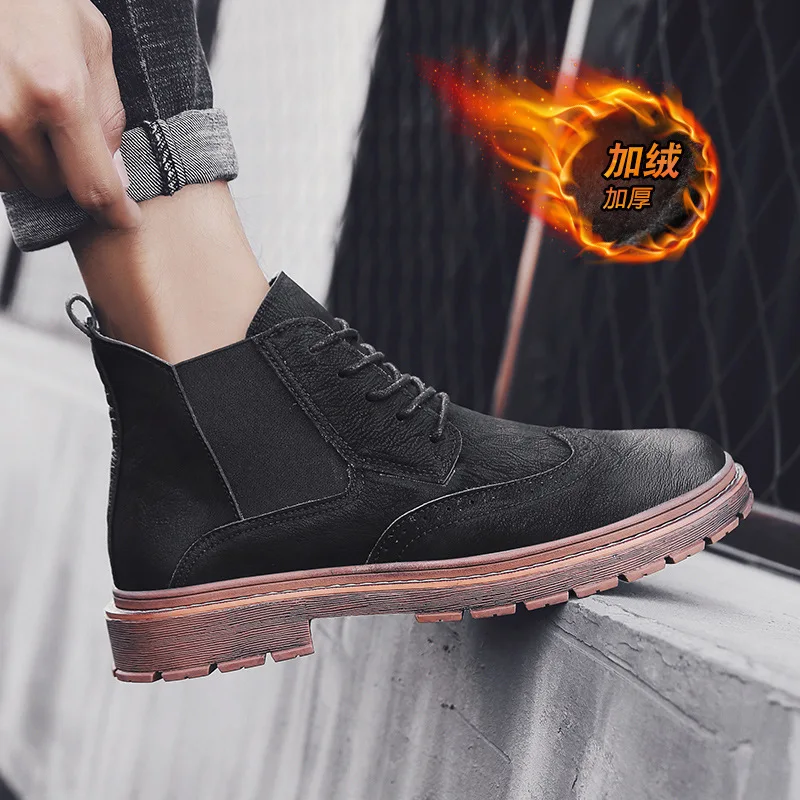 

Men's Boot Autumn & Winter plus Velvet Hight-top Warm Martin Boots Men's British-Style Retro Fashion Black And White with Patter