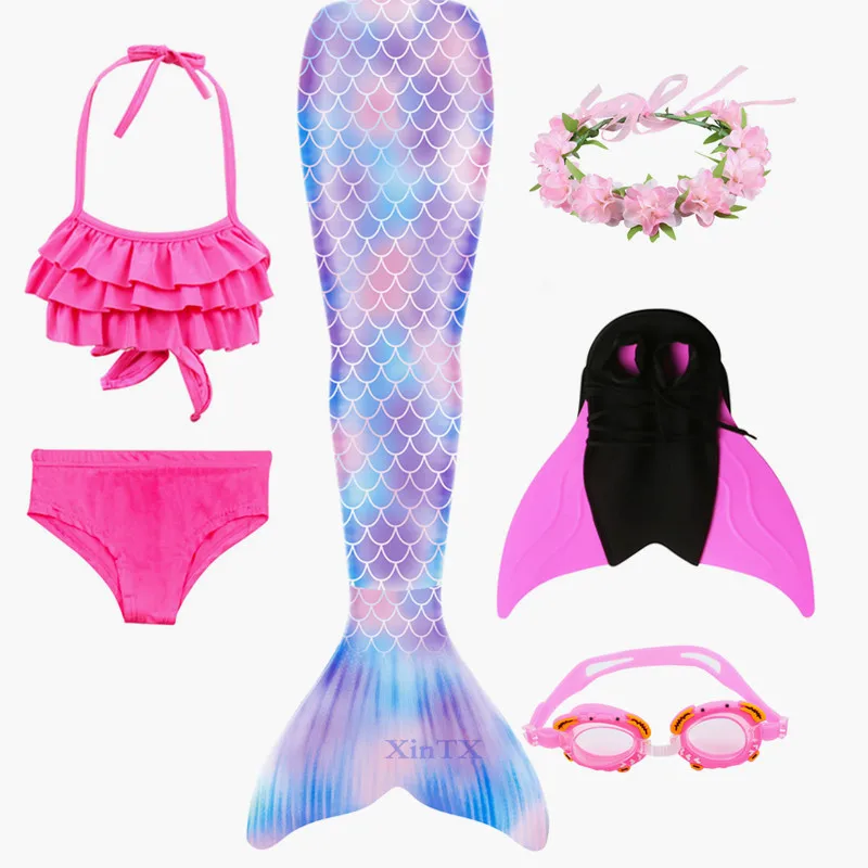 Детский купальный комплект бикини с хвостом русалки; купальник С флиппером; купальный костюм для девочек; костюм Ариэль для костюмированной вечеринки - Цвет: 6pcs as picture show