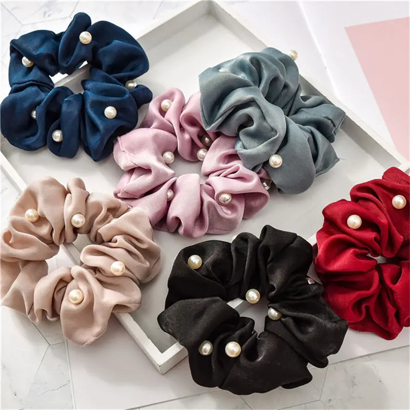 

New Satin Polyester Pearl Hair Scrunchies Golden Edge Stretch Hair Ties Ponytail Holder Women Elastics Hair Bands Accessories