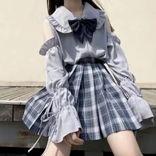 

Women's Shirt 2021 Autumn New Japanese Soft Cute Lace Lolita with Doll Collar Long Sleeve White Blouse Women Cold Shoulder Top