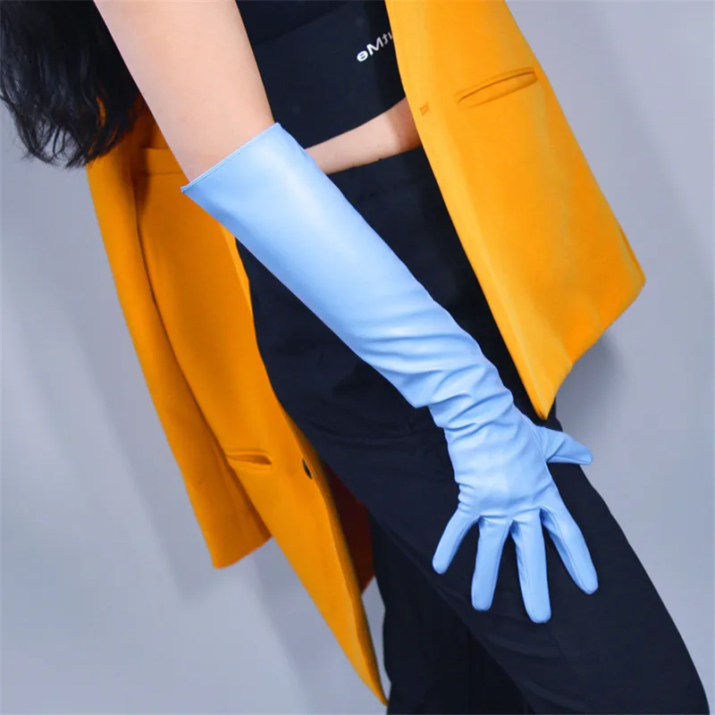 Очень длинные кожаные перчатки, 60 см, удлиненные, имитация кожи, овчина, светильник, голубое, небесно-голубое, женские перчатки, экспортное качество WPU144
