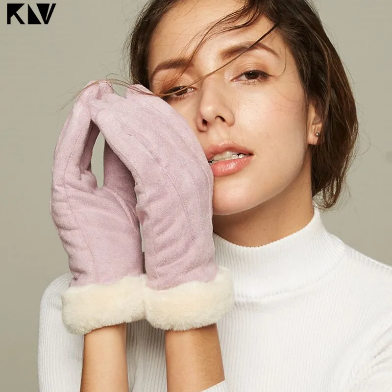 Women Girls Autumn Winter Touchscreen Gloves Solid Color Plush Cuff Thermal Thick Lining Suede Mittens Driving Ski Wrist Warmer