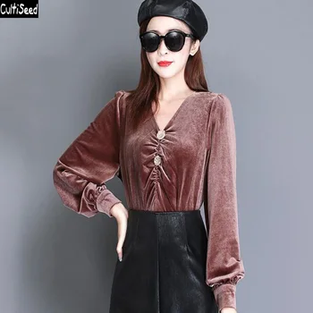 

Cultiseed Women Gold Velvet Shirts Top Female New Fashion Autumn Lantern Sleeve Loose Shirts Blouses Ladies Casual Basic Shirts