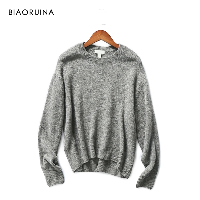 

BIAORUINA Women Grey Solid All-match Basic Drop-Shoulder Pullover Girls O-neck Casual Loose Sweater Elegant Comfortable Pullover