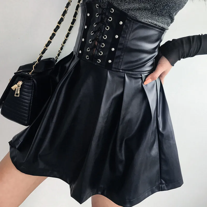 Women Skirts Winter High Waist PU Leather Skirts Fashion Mini Pleated Skirt Party Costume Black Skirt Faldas Largas Mujer