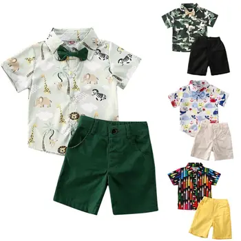 

Newborn Baby Boys Short Sleeve Floral Button Down Shirt Bow Tie Shorts 3Pcs Baby Boys Summer Clothes Outfit 1-5 Year