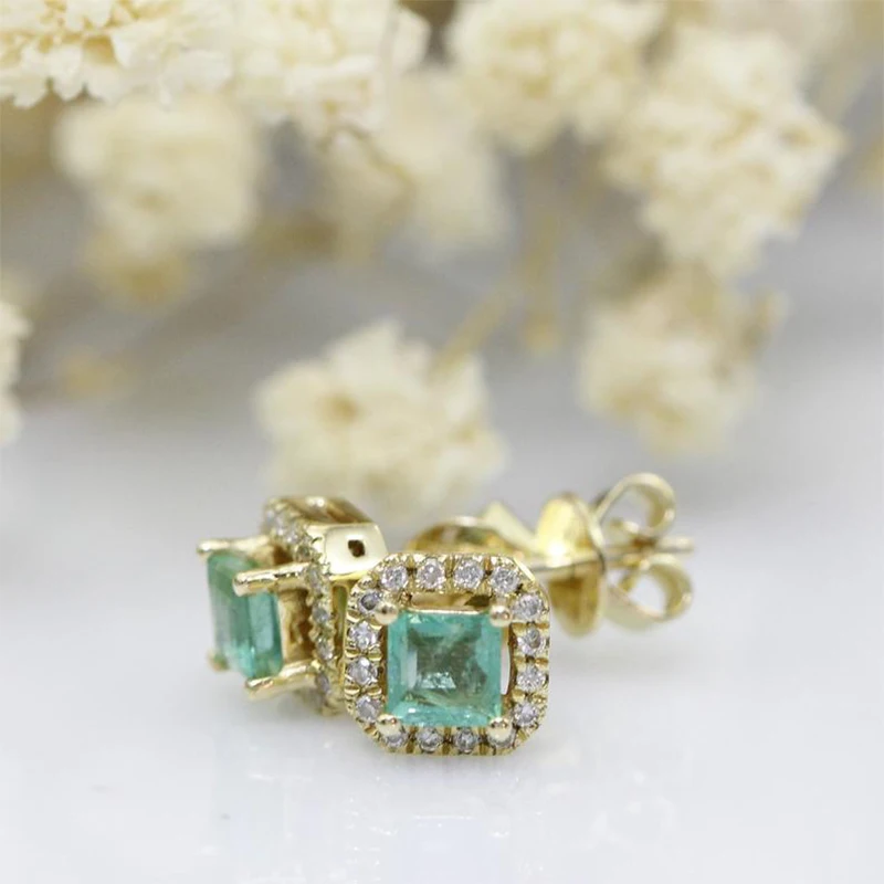 Veryins 14K 585 Желтое золото 0.4ct каждый натуральный изумруд с муасанитом Halo Серьги гвоздики пуш-ап для женщин свадебный подарок