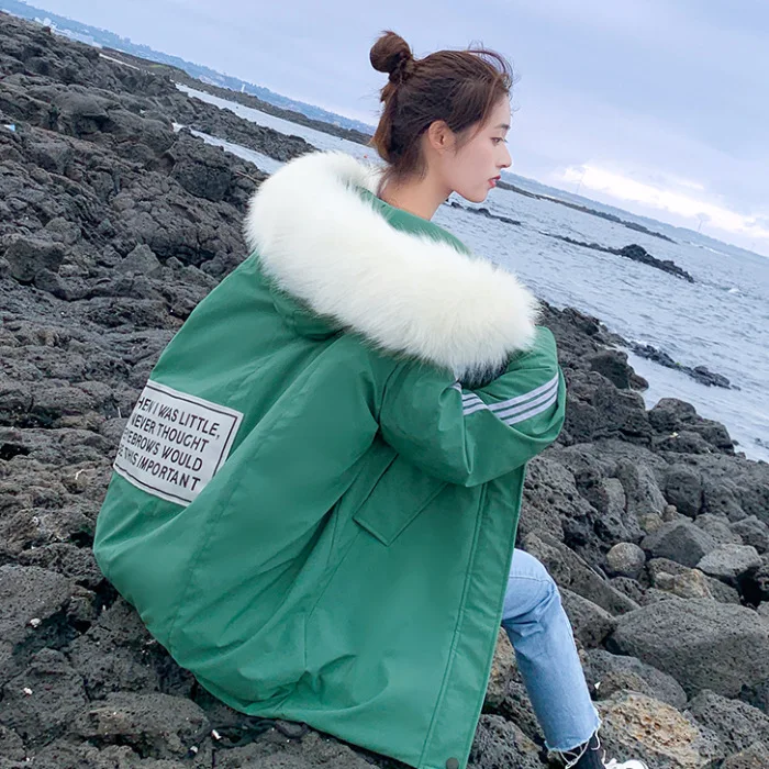 

Photo Shoot 2019 Autumn And Winter New Style down Jacket Women's Mid-length BF Sports Stripes Baseball Loose Cotton Coat Women's