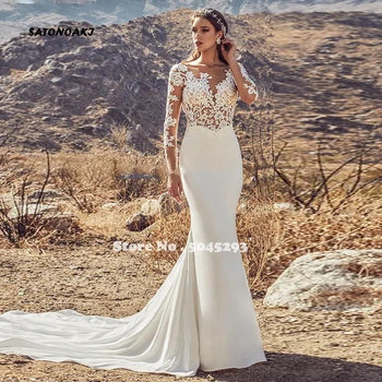 

SATONOAKI Vintage Lace Applique Mermaid Wedding Dresses 2019 Sexy Sheer Scoop Long Sleeves Formal Wedding Gown Satin Bride Dress