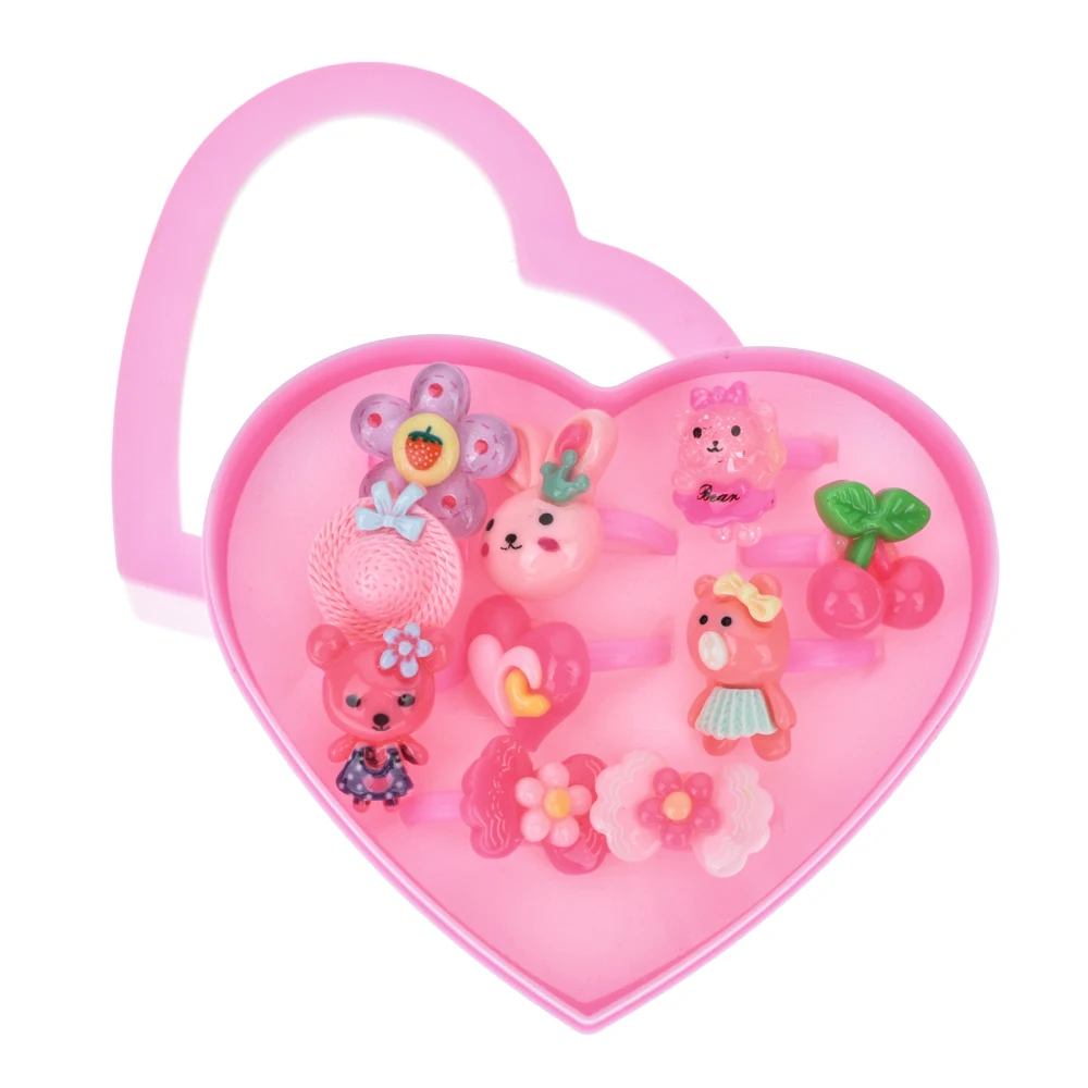 10pcs/set Pink Acrylic Flower Cartoon Animal Rings Set Crystal Open Adjustable Kids for Girls Jewelry Heart Display Box | Украшения и