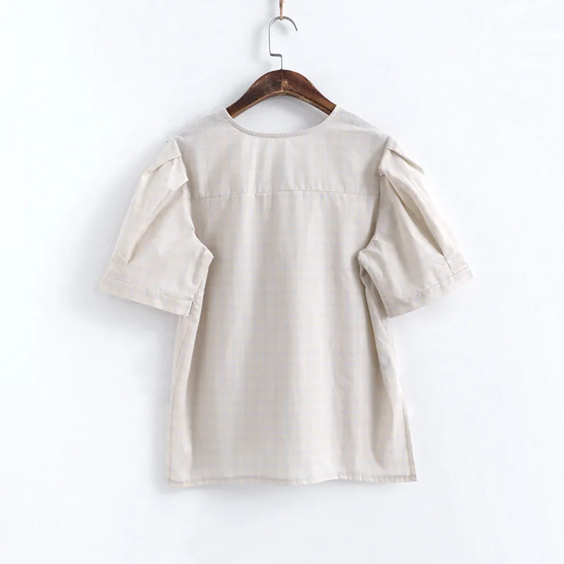 Women 2020 Summer Retro Casual Slim Thin Girl V-neck Slant Placket Tops Female Bubble Sleeves Single-breasted Lattice Blouse