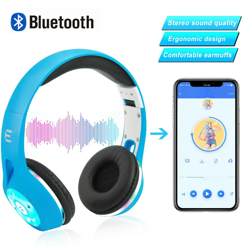 Foldable LED Lights Over the Head Bluetooth Wireless Headphones Headsets Blue