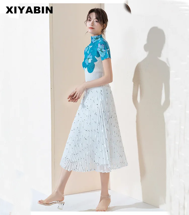 

White Skirt Medium length Temperament Spring and summer 2019 New pattern Lace Gauze skirt Half body Chiffon Pleated skirt