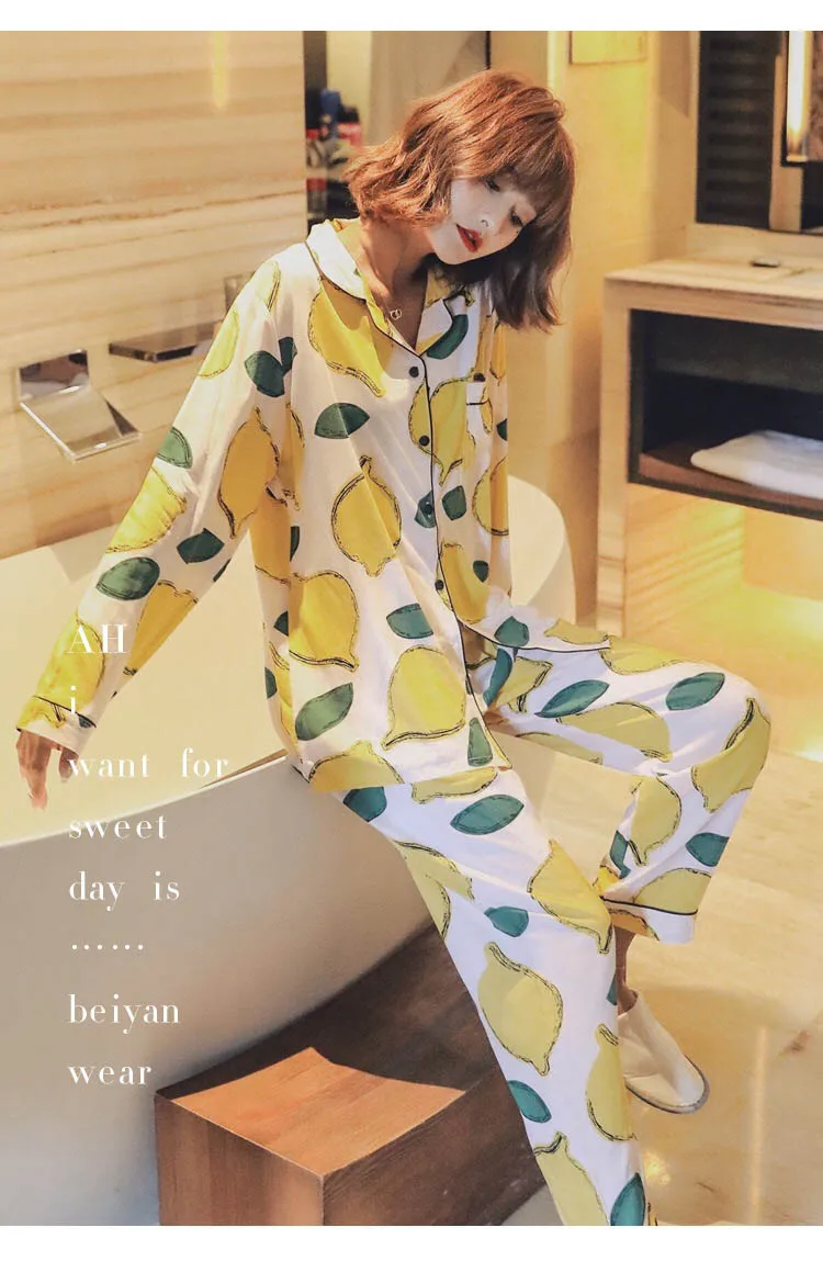 Весенне-осенний женский пижамный комплект с рисунком лимона, Комфортный хлопковый Атласный пижамный комплект, кардиган+ штаны, Женская милая домашняя одежда