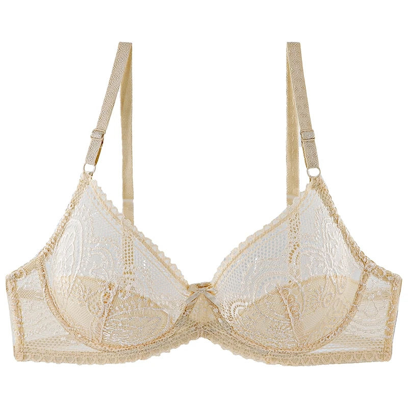 Xiushiren Thin Cup Lace Bras for Women Underwired Little Cotton Padded Bra Deep V Sexy Brassiere for Small Chest 75 80 85 - Цвет: B09-Beige