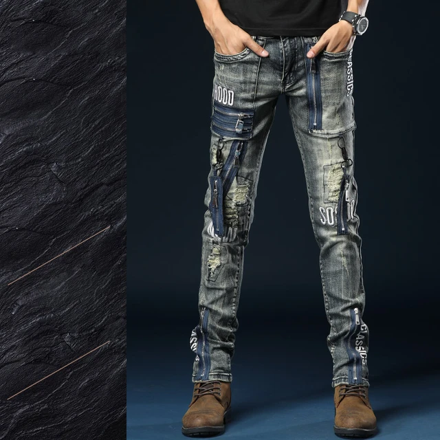 Embroidered Trousers Drawstring Pants Blue Biker Jeans Men Denim