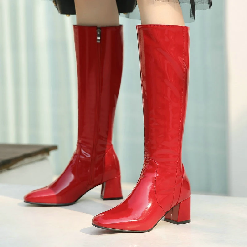 

Patent Leather Women Shoes Round Toe Side Zipper Winter Boots Ladies Knee High Boots Knight Boots Black Red White Women Boots