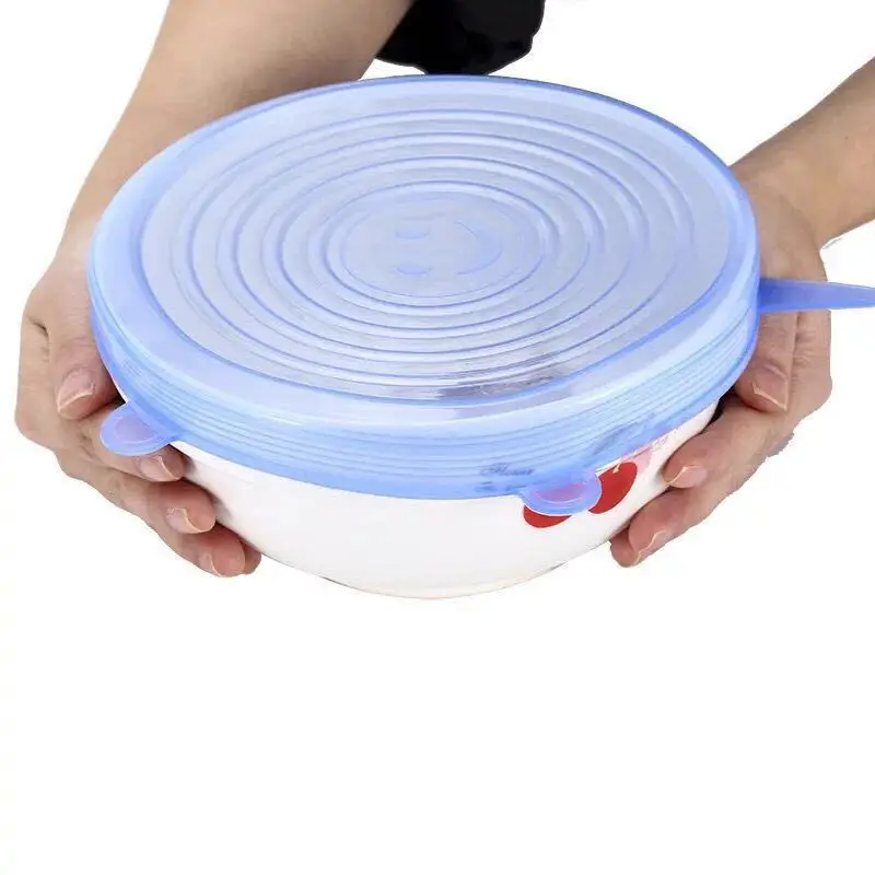 6Pcs Silicone Stretch Suction Pot Lids Kitchen Cover Pan Bowl Blue Universal 
