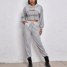 

Women's 3 Piece Sets Autumn 2021 New Solid Causal Long Sleeve Crop Hooded Top And Camis And Pants Female Tracksuit Suits