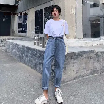 

Women Jeans High Waist Wide Leg Pants Korean Style Light Blue Pockets Slim Ankle-length Pants Office Lady Loose Female Trousers