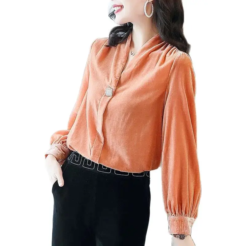 

Gold velvet shirt women's long-sleeved top 2022 autumn new style plus size women's loose V-neck bottoming shirt women A824