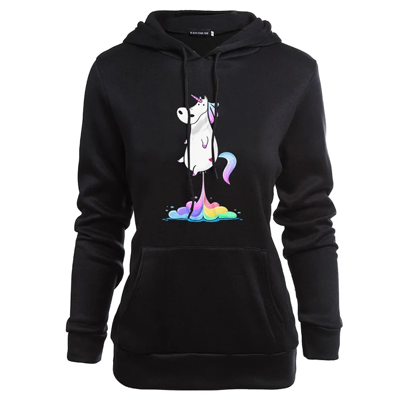 W25187BK Harajuku Радуга толстовки с единорогом женские графические толстовки Unicornio милые зимние крутые толстовки женские - Цвет: W25187BK