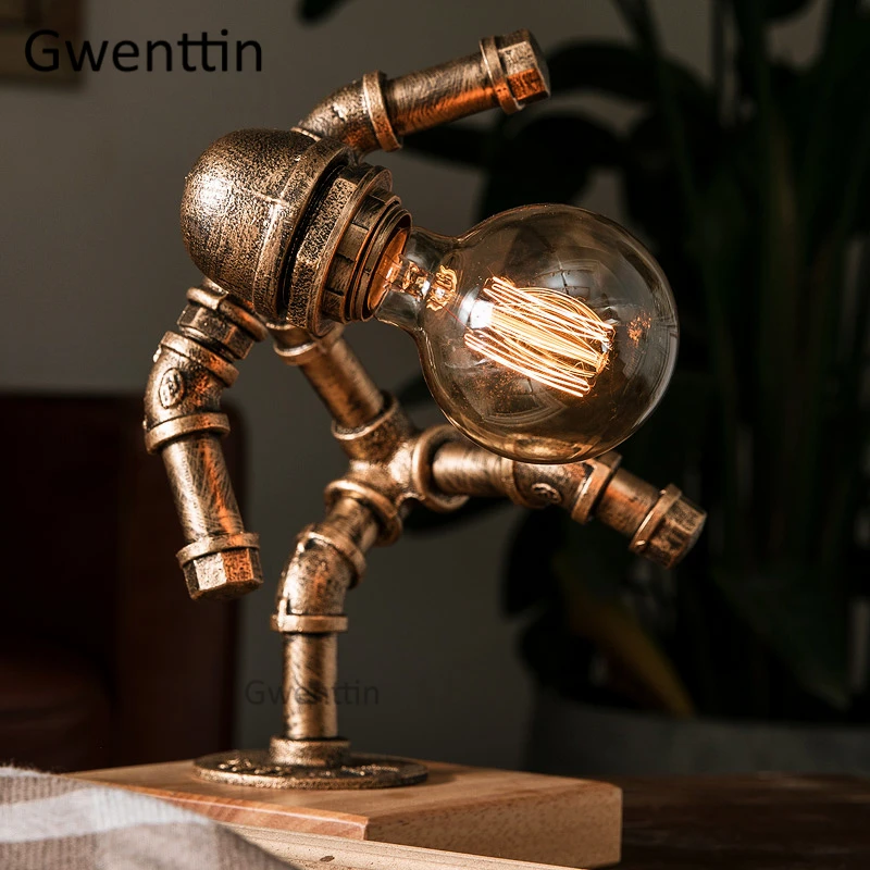 Vintage Water Pipe Robot Table Lamps Led Loft Industrial Decor Stand Desk Light Fixtures Standing Lights Bedroom Bedside Lamp