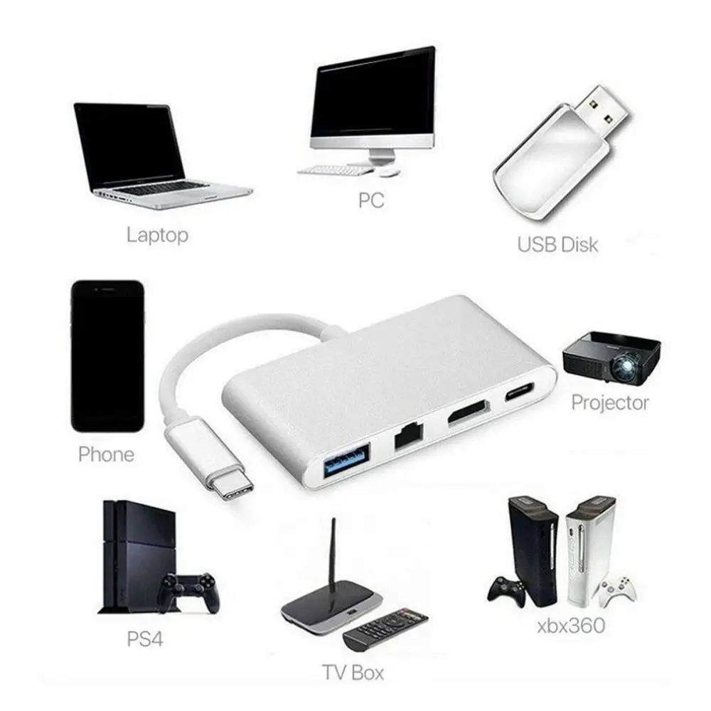 4 в 1 type-C к HDMI 4K+ RJ45 Gigabit Ethernet USB 3,1 type C концентратор переходник Разветвитель USB C для MacBook Pro HDTV