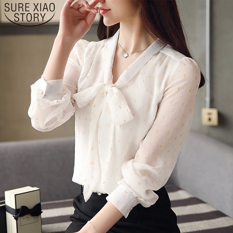 

Solid Autumn Women Clothing Elegant Bow Women Tops and Blouse 2019 New Arrival Chiffon Blouse White Pink Tops 6176 50