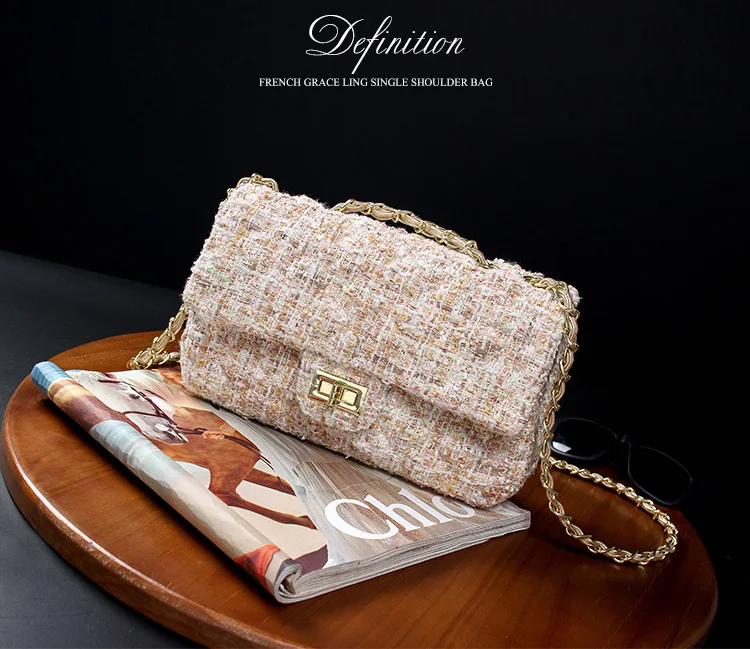 Womens Wool Plaid Handbag Double Flap Lattice Handbag Purse 2019 Classic Luxury Tweed Crossbody bag Chain Shoulder Bag for Women (2)