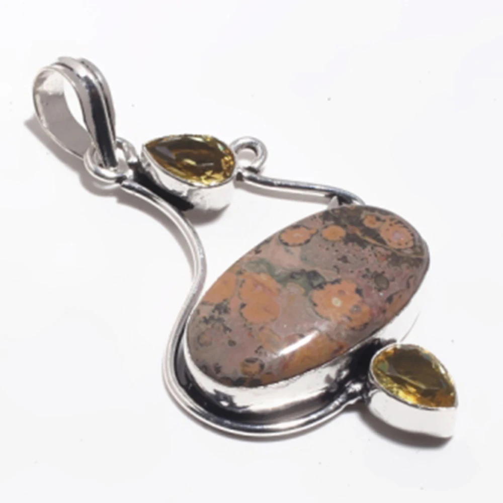 Genuine Leopard Skin Jasper + Citrine Pendant   Silver Overlay over Copper , Hand made women Jewelry gift