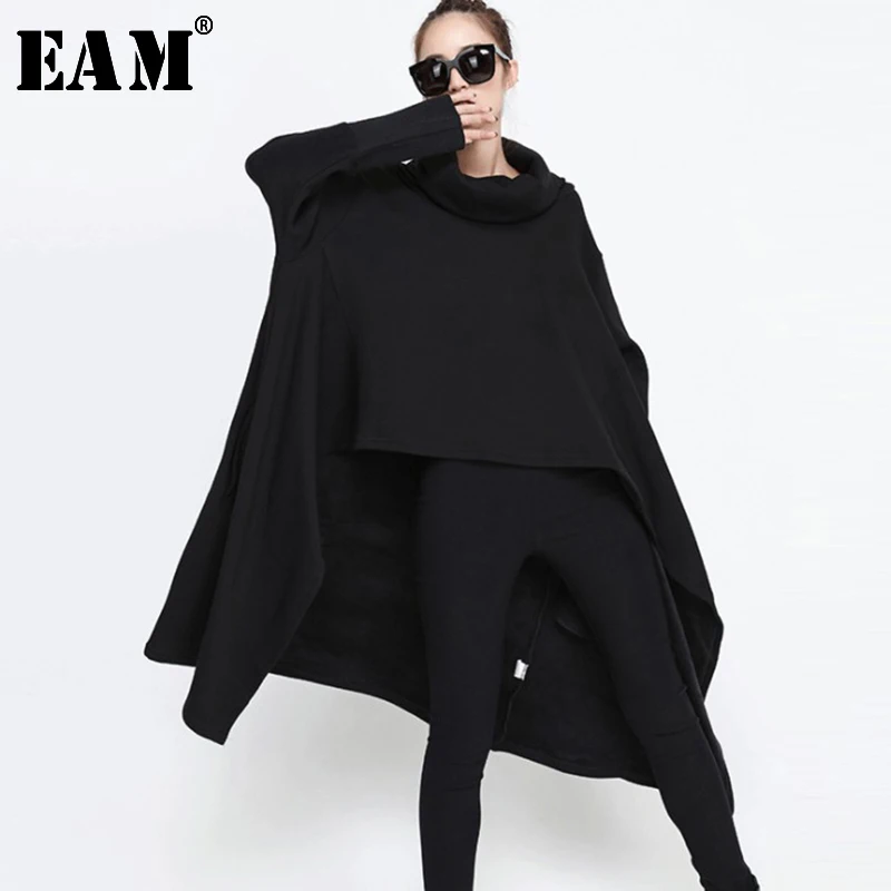 

[EAM] 2019 New Autumn High Collar Long Sleeve Oversize Black Loose Big Size Irregular Long Sweatshirt Women Fashion Tide JH103