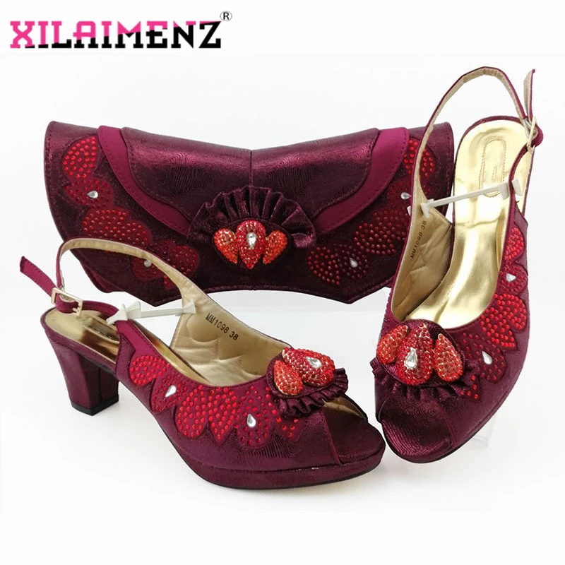 

New Arrival Elegant Italian Matching Sandals and Purse Set for Wedding Woman African Shoes and Bag Set Decorated with Rhinestone