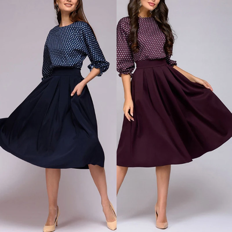 Women vintage dress Casual office a line Dress Round Neck 3/4 Sleeve Polka Dots Printed elegant ladies dresses party