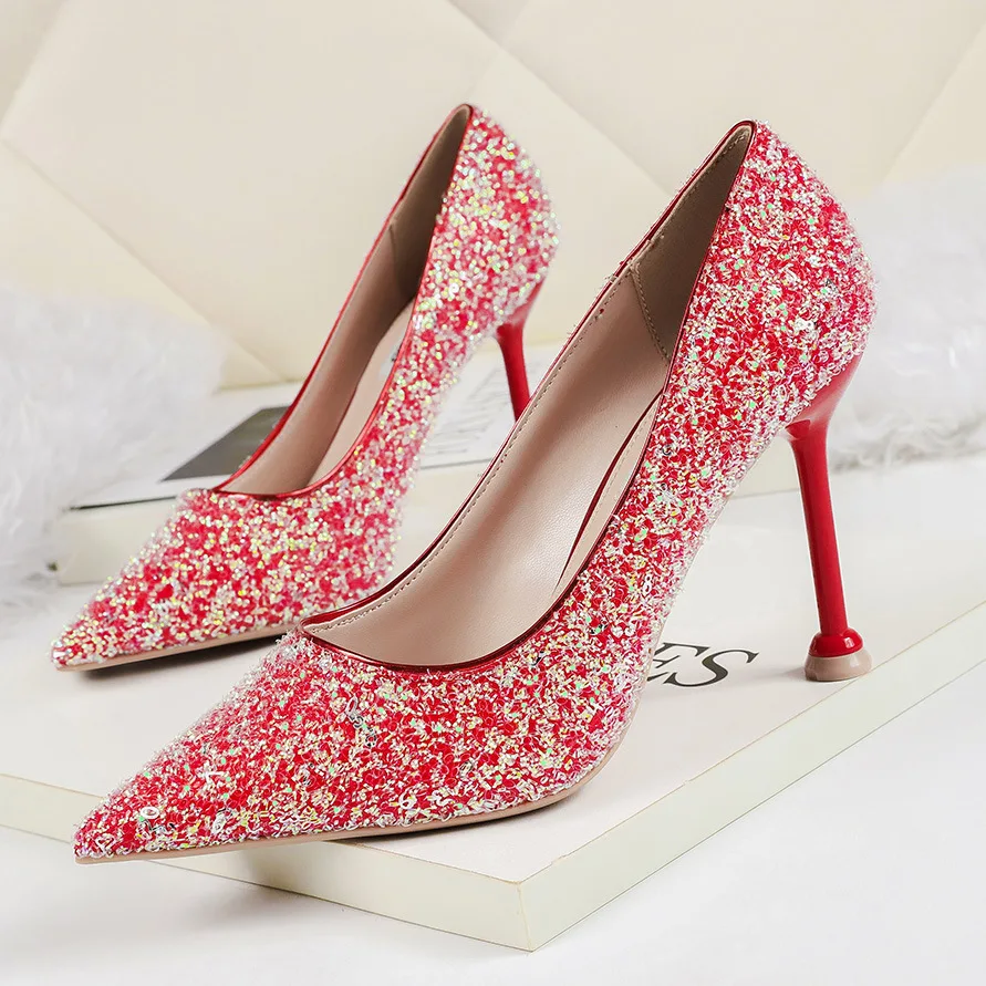 

2020 spring new high heel women fashion simple solid color sequins decorative pointed toe sexy comfortable high heels