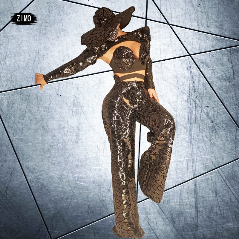 

Сексуальный черный костюм с блестками, Женский комплект шапки для бара, ночного клуба, выпускного, искусственный костюм для джазовых танцев, комплект для выступлений на сцене, дизайнерский костюм, Новинка