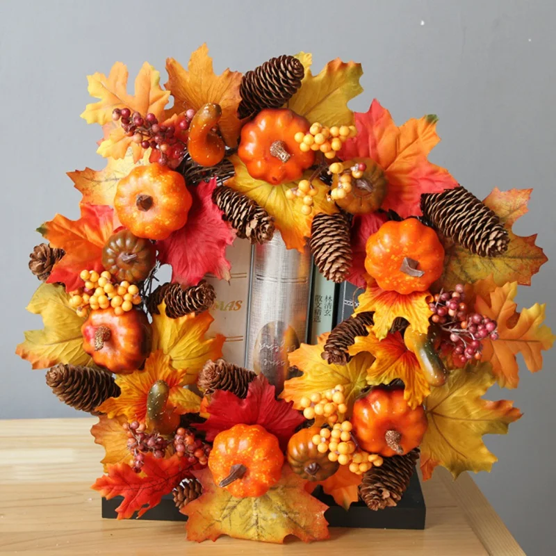 

Autumn Simulation Wreath Pumpkin Pine Cone Garland Christmas Thanksgiving Home Halloween Decor Door Wall Hanging Decoration