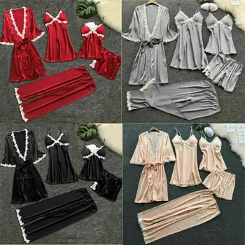 

5pcs Womens Lingerie Lace Silk Babydoll Sleepwear Robe Camisole Shorts Pants Nightwear Bathrobe Pajamas Set